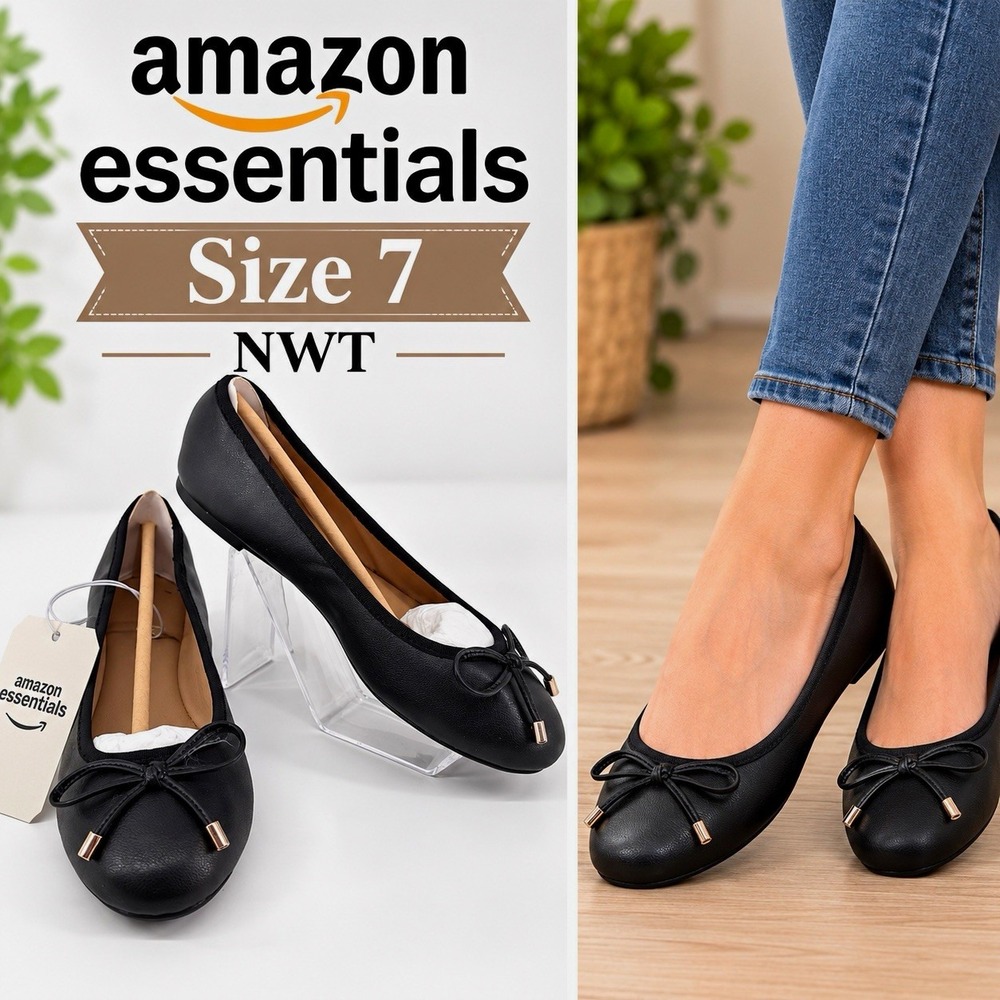 Amazon Essentials Billie Ballet Flats Womens Size 7 Black Faux Leather Bow NWT